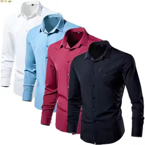 2026 New Men's Black Long Sleeve Shirt, Single Breasted Square Collar Stretch Shirts, White Blue Red