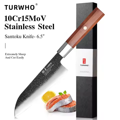 TURWHO 6.5" Santoku Knife 10Cr15MoV Stainless Steel Slicer Utility Kitchen Knives Cooking Tools Hand