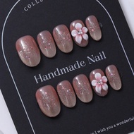 Handmade Short Oval Nail Pieces In Pink Y2K Style & 3D Hand Carved Patterns & Hand Painted Gradient 