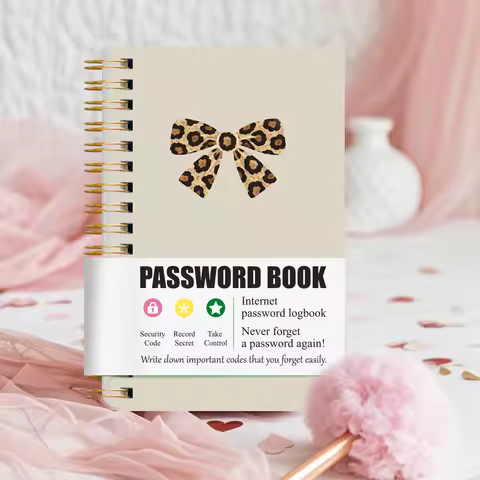 A6 Password Book with Leopard Bow Design, Spiral Bound Password Organizer, Address & Birthday Log No