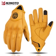 Retro Yellow Leather Motorcycle Gloves Vintage Men Motorbike Racing Gloves Touch Screen Breathable M