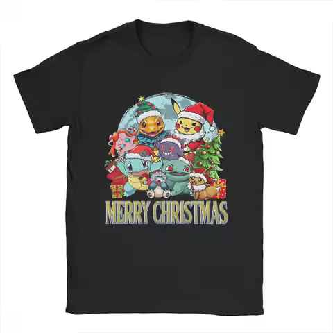 Pokemon Characters Pikachu Gengar Merch Men Women T Shirt 100% Cotton Tee Print Merry Christmas T-sh