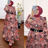 MAXI DRESS MUSLIM GAMIS WANITA MUSLIMAH MOTIF BUNGA OUTFIT FREE BELT