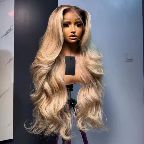 Shiny Ombre Honey Blonde With Brown Root Color HD 13X6 Lace Front Wig Pre-Plucked 5X5 Lace Closure W