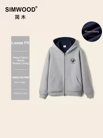 SIMWOOD 2026 Spring New Oversize 460gsm Pique Fabric Fleece Lining Fabric Hoodies Men Warm Jackets