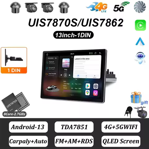 FYT7870 Car Radio 1Din Carplay Android Auto Multimedia Player HD 13inch Touch Screen FM AUX Input Bl