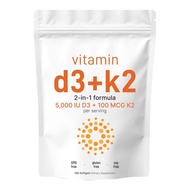 Vitamin D3 5,000 IU + K2 MK-7 100 mcg, 180 Softgels | 2-in-1 Bone, Immune & Heart Support | Easy to 