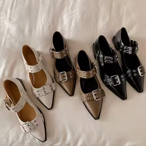 Women's Double Button Fashionable Flat Shoes, Rivet High Heels Shoe 2026 Fashion Buckle Pointed Wome
