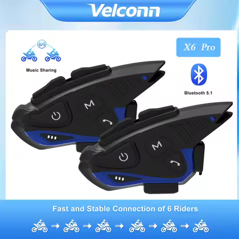 Velconn 2Pcs X6 Pro Motorcycle Helmet Intercom Headset BT5.1 Music Sharing 4-6 Riders Group Talking 