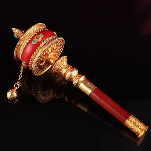 Tibetan style copper hand cranked prayer wheel, Red Sandalwood handle, Ten-in-one scripture rotating