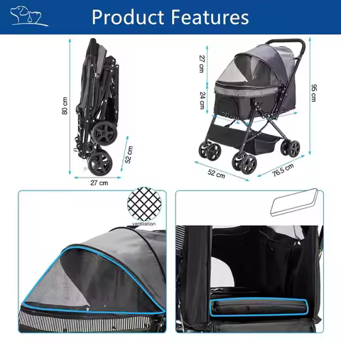 Pet Stroller for Large Medium Dogs & Cats with Reversible Handle, Foldable Pet Stroller Travel Carri