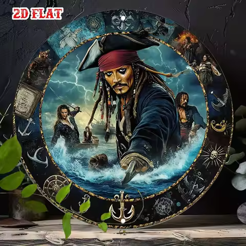 2D Flat Jack Sparrow Round Aluminum Sign - 19.99cm Rustic Metal Wall Art with Nautical Adventure Des