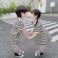 Boys Girls Short-Sleeved Suits Preppy Style Boys Girls Baby Clothes Sisters Brothers Sisters Clothes