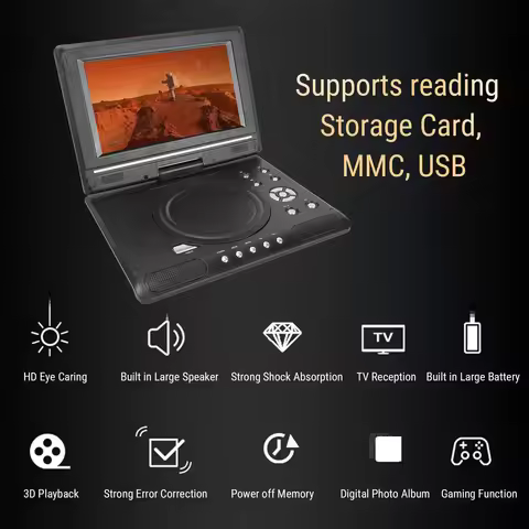 Portable DVD Player with Dual Speakers Antennae Swivel Screen Remote Car DVD Player Support USB Inpu