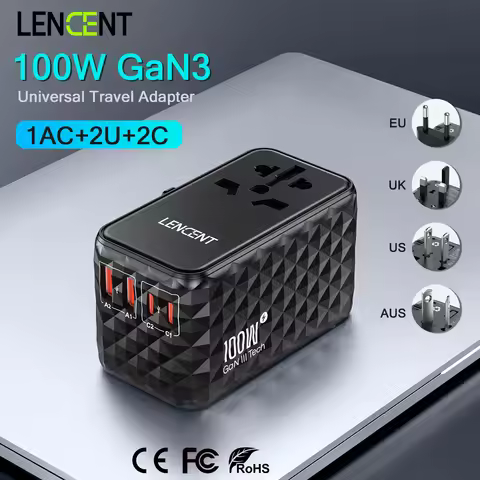 LENCENT 100W GaN Universal Travel Adapter with 2 USB-A+2 Type C Support PD3.0, QC4 Fast Charging EU/