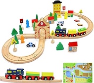 HERQUEEN Wooden Train Set with Magnetic Trains and Premium Wood Tracks,54pcs Wooden Magnetic Train Track Set for Toddlers Boys Girls 3+, Double-Side Wooden Tracks Work with Major Brands Track