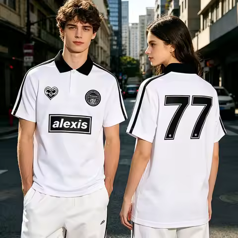 ALEXISONFIRE Letter 77 Number Print Polo Soccer Jersey Men Women Short Sleeve Streetwear Couple Foot