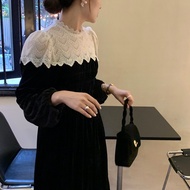 Black Velvet Dress with White Lace Collar A2968