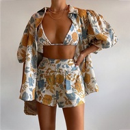 Printed+shirt+suspender vest shorts three-piece womens printed suit