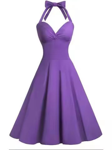 BABYONLINE 50s Audrey Hepburn Halter Dress for Women Vintage Tie Button Swing Dresses Pinup Rockabil