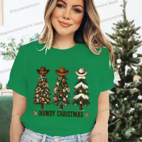 Funny Howdy Christmas Print T-Shirt Women Fashion Crewneck Tshirt Christmas Party Casual Gifts Tees 