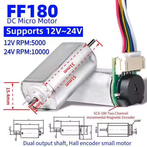 FF180 DC12V~24V dual output shaft DC micro motor, Hall encoder motor, SCX-180 two channel incrementa