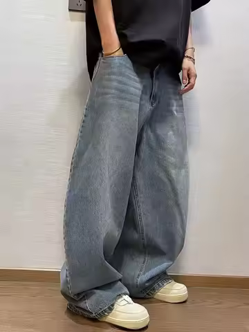 1Pc Men's Wide Pants Brushed Jeans Wide Jeans Y2K New Rocks Jeans Buggy Black Hip-Hop Pants