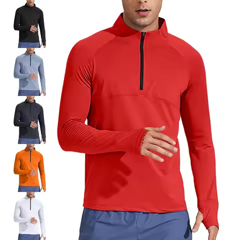 #XS-4XL Men Zip-Up Golf Shirt Thumbhole Long Sleeve Pullover T-shirt Lightweight Quick-Drying Athlet