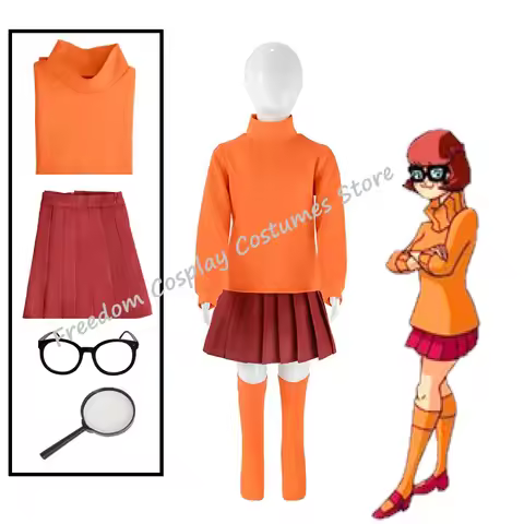 kids Velma Seragam Cosplay Kostum Orange Short Skirt Uniform Wanita Oranye Kaus Kaki Rok Atas Girl H