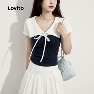 Lovito Casual Tshirt Lace Up Colorblock Spring/summer Off White Tshirt for Women L151AD017\3