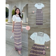 2-3627 Athena Brand Set 3 pcs Short-Sleeved Lace Shirt Matching Printed Skirt And Belt [2PM]