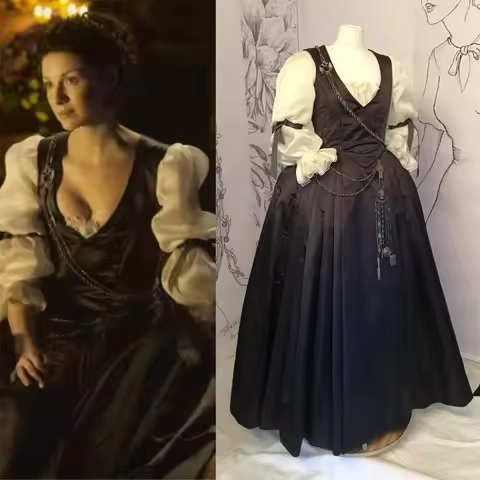 Outlander Season 2 Claire Fraser Cosplay Costume Rococo Black Dress Medieval Masquerade Ball Gown Cu