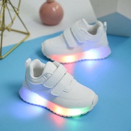 รองเท้าผ้าใบเด็กเล็กผู้ชายสีขาว LED ไฟขึ้น