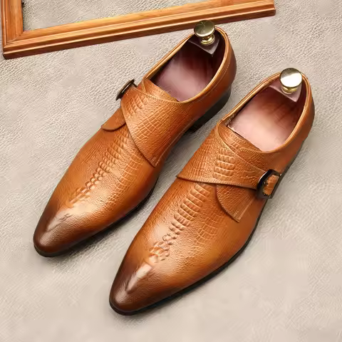 Men's formal leather shoes, buckle formal wear, set foot cowhide men's shoes, leather wedding shoes,