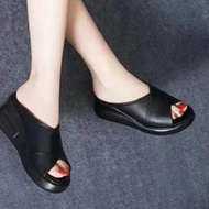 sandal wedges casual slip on wanita remaja dewasa fashion korean style hitam putih terbaru kekinian - hitam 40