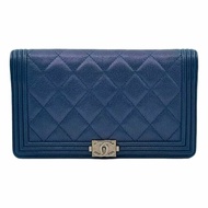 【1568】香奈兒 Chanel Le Boy 長款錢包 藍色 銀扣  荔枝皮