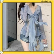 (Fashion_3)  Glamorous Blouse Tie Dye Contrast Mesh Front Frill Blouse for Women L106AD939