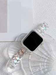 Apple Watch 錶帶+錶殼 2 件一組,適用於 Ultra2 1 Se S9 8 7 6 5 4 3 2 1 系列女性喜愛的窄幅和纖薄的閃亮幻彩透明錶帶+幻彩 Apple Watch 錶帶保護殼 38mm 40mm 41mm 42mm 44mm 45mm 49mm