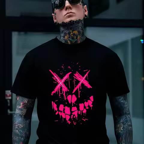 Fluorescent Pink Evil Emoji Graphic Black Print T-Shirt Men's T-Shirt Gothic Sweatshirt Y2K Summer O