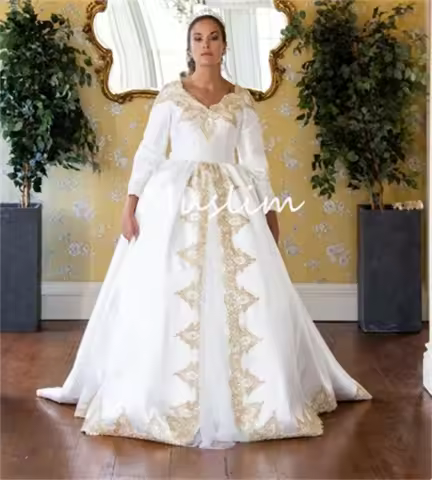Elegant Turkish Moroccan Wedding Dress Gold Applique Pakistani Caucasian Country Churcn Ingush Bride