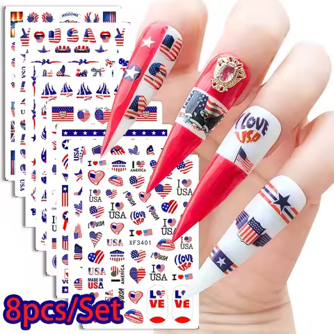 8pcs/Set Independence Day Nail Art Stickers 3D Stars LOVE lips Flame USA Flag Nail Decals DIY Americ