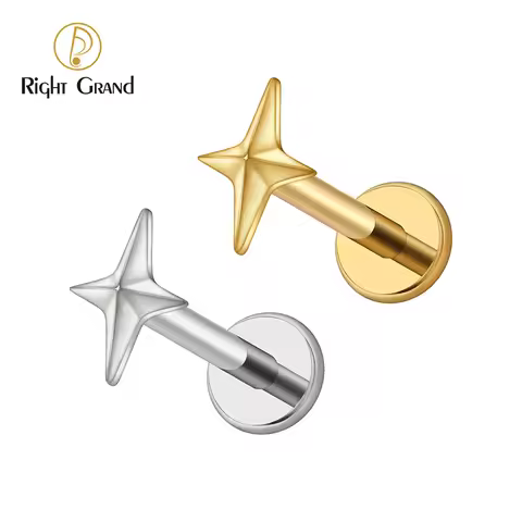 Right Grand ASTM F136 Titanium 16G Four-Pointed Star Cartilage Earring Helix Tragus Stud Flatback La