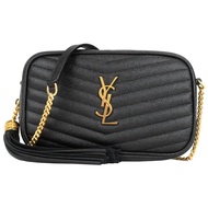 YSL SAINT LAURENT V字縫線魚子醬牛皮金屬LOGO流蘇相機包（金x黑）_廠商直送