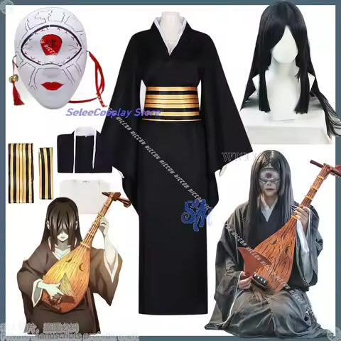 Nakime Cosplay Demon Anime Costume Horror Movie Black Long Dress Uniform Japanese Kimono Wigs Hallow