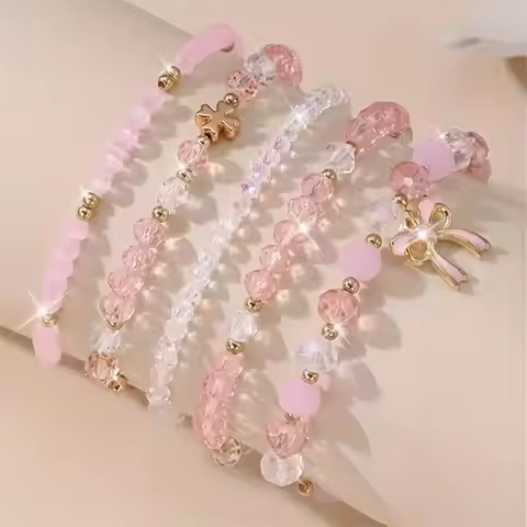 5Pcs Pink Crystal Bow Clover Stack Bracelet Set, Minimalist Versatile Bracelets With Bow & Four-Leaf
