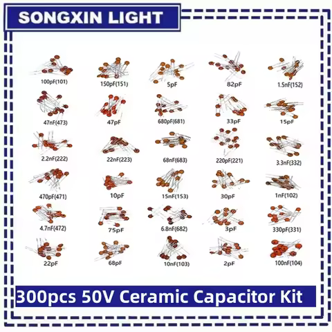 300pcs 50V Ceramic Capacitor Kit 2PF-0.1UF 30Values*10pcs Capacitance Assorted DIY Sample Pack 30pF 