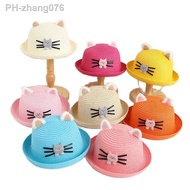 Baby Straw Hat Summer Outing Sunshade For Boys Girls Cute Cat With Velvet Ear Curled Baby Sun Hat Children 39;s UV Protection Hat
