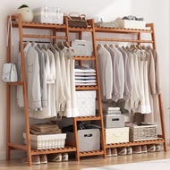 Almari Baju Kayu Buluh Penyangkut Pakaian Wooden Bamboo Wardrobe Clothes Rack Storage Clothes Wardrobe with Hook Hanger