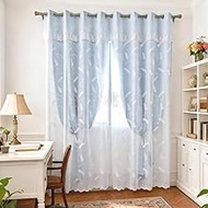 Amidoudou 1 Pair of Double-Layered Embroidered Lace Curtains with Valances Featuring Wheat Ears Patt
