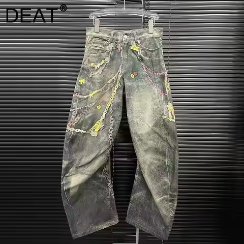 DEAT Fashion Women's 3D Chain Printed Contrast Color Jeans Niche Design High Waist Casual Denim Pant